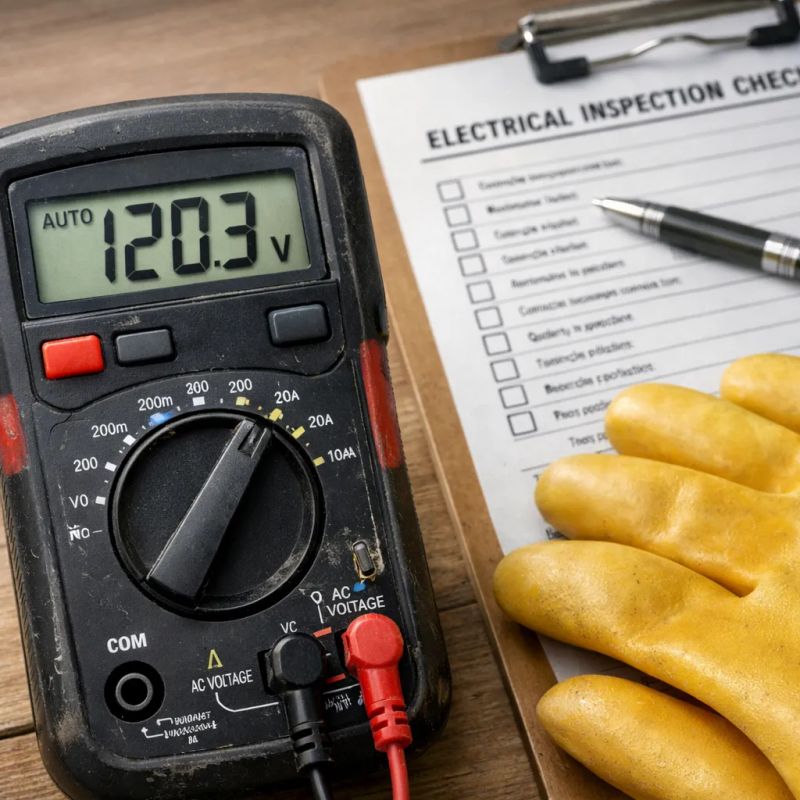 Multimeter reading voltage with inspection checklist and safety gloves.