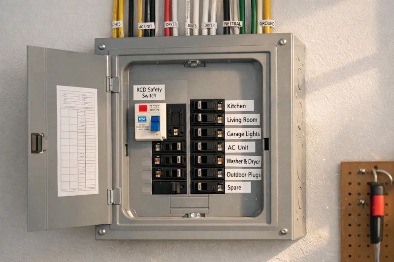 Electrical panel with labeled circuit breakers for various household areas.