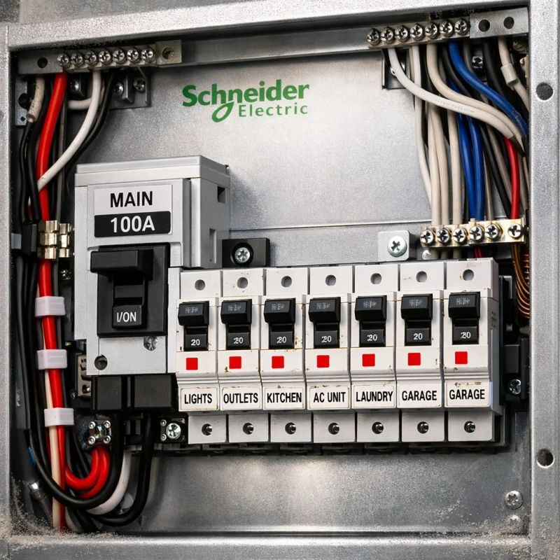 An electrical panel with circuit breakers and a main switch.